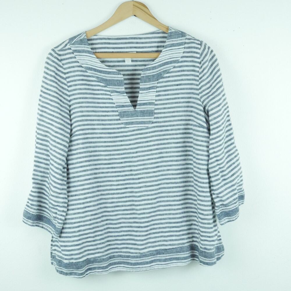 Charter Club Medium Top 100% Linen Nautical Stripe 3/4 Sleeve Preppy Vacation